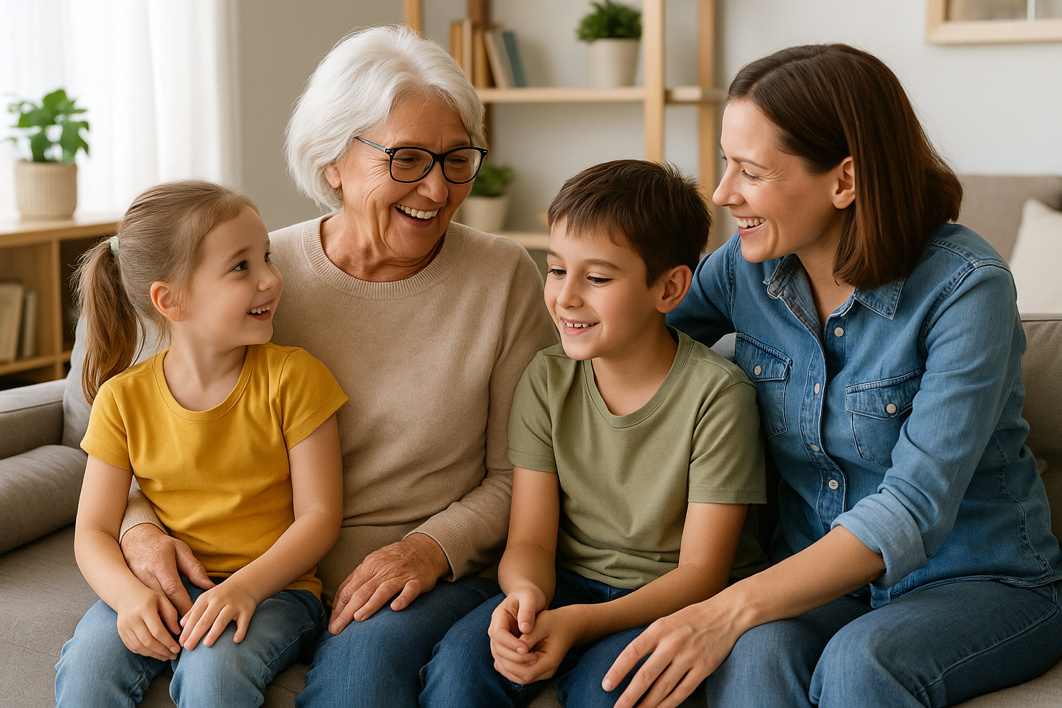 Caregiving continuum stage - multigenerational family with grandmother, adult daughter and grandchildren sharing joyful moments together